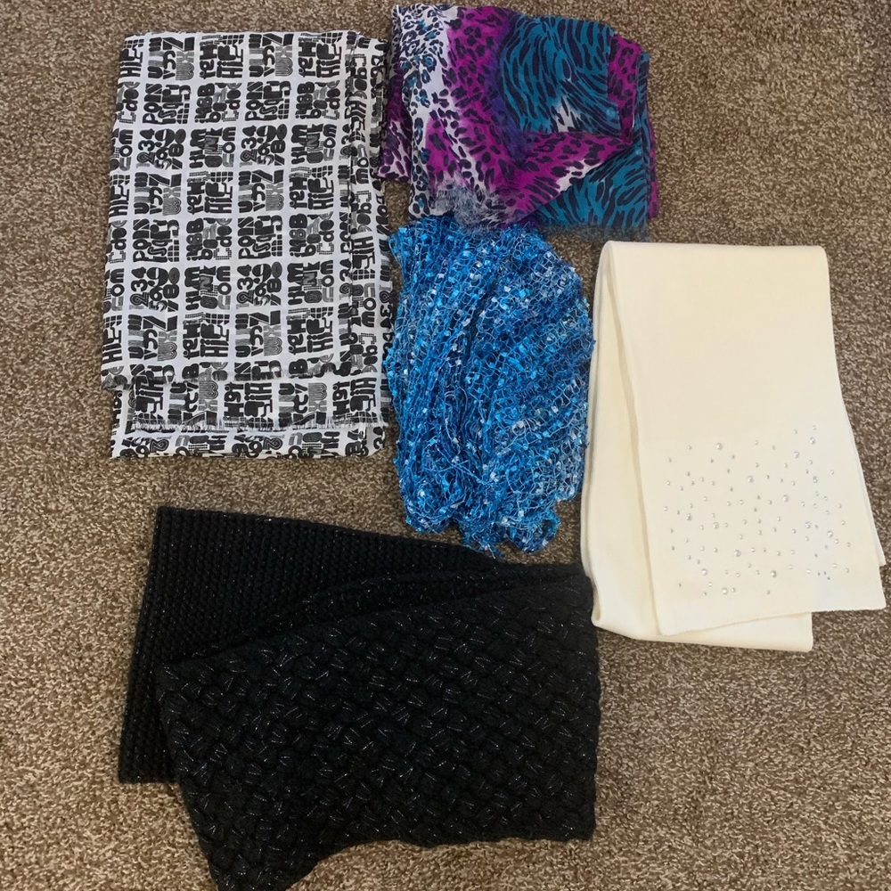 Lot 5 Ladies Scarves White Black Blue Purple EUC
